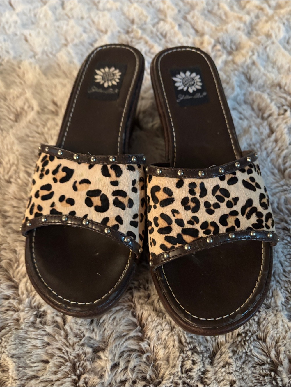 Yellow Box Leopard Print Slide Mules in Black and Cream